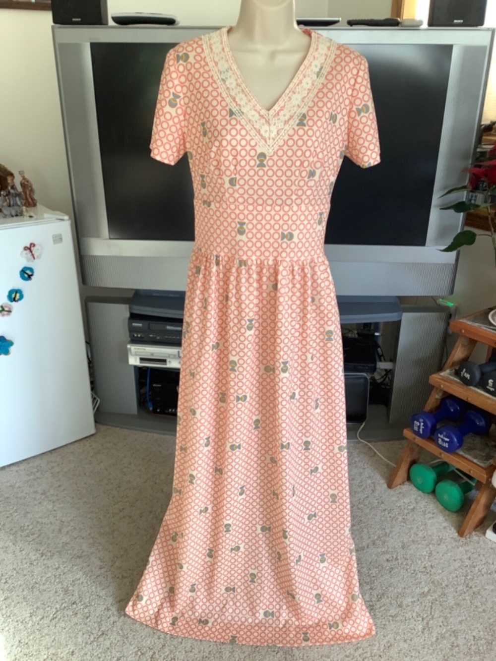 Vintage 1970s Polyester PRAIRIE Maxi Short Sleeve LONG DRESS Multicolor PROM